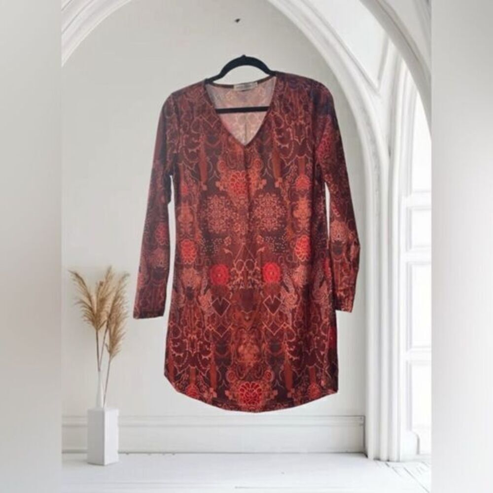 Retro Maroon Brown V-Neck Long Sleeve A-Line Mini‎ Dress or Tunic N068 - Picture 3 of 6